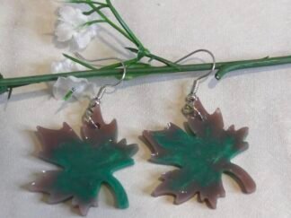 Pendientes artesanales Largos Hojas Arce Verde Y Malva
