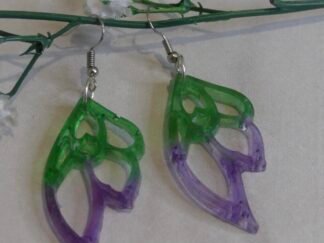 Pendientes artesanales Largos Hojas Abstractas Verde Y Violeta