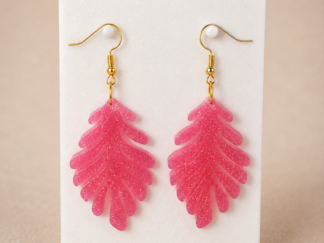 Pendientes Largos Hoja Tropical Rosa Purpurina